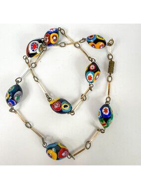 Vintage Venetian Millefiori Art Glass Oval Beaded Bar Chain Necklace 23''